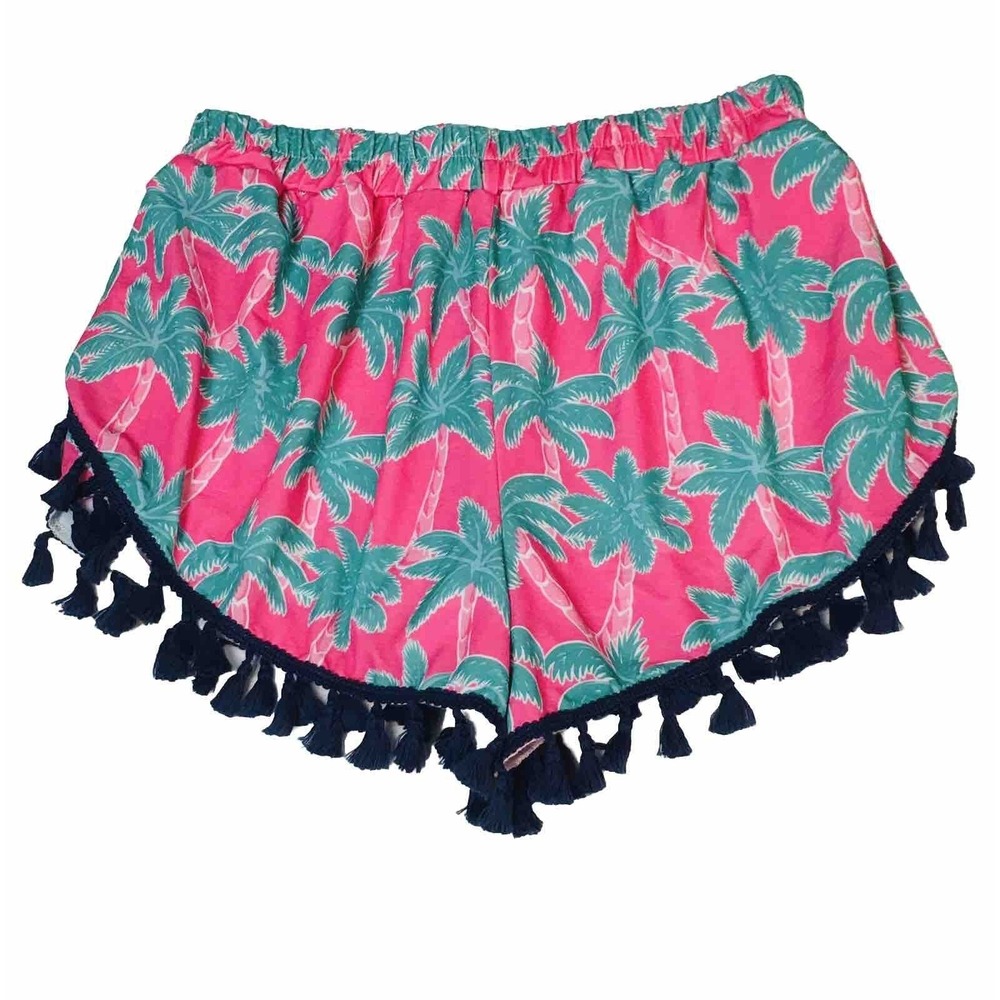 Simply Southern Womens SM Pink Green Palm Tree Navy Tassel Shorts Beach NEW - Picture 6 of 10